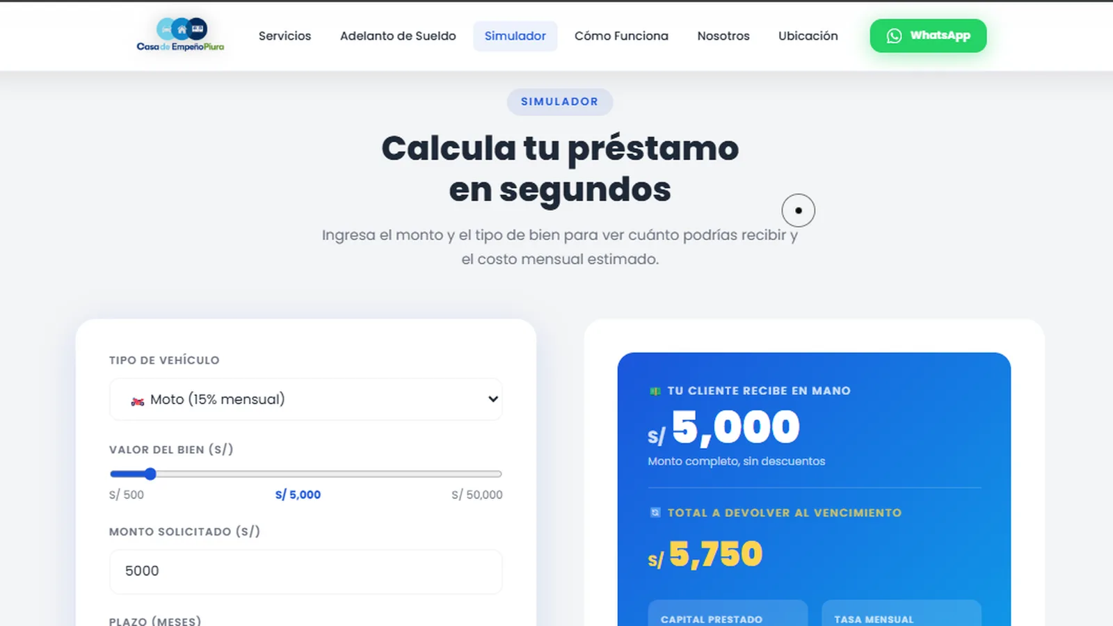 Simulador de crédito Casa de Empeño Piura
